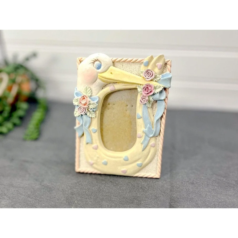Vintage Stork Ceramic‎ Picture Frame: Floral Baby Shower Decor